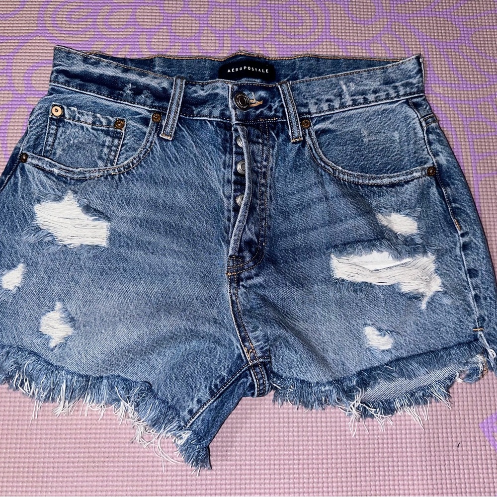 Aeropostale Blue High Waist Distressed Shorts